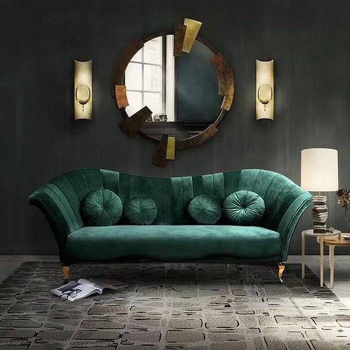 3 Seater Emerald Green Crease Velvet Tufted Upholstered Sofa Quality Curved Living Room Sofa