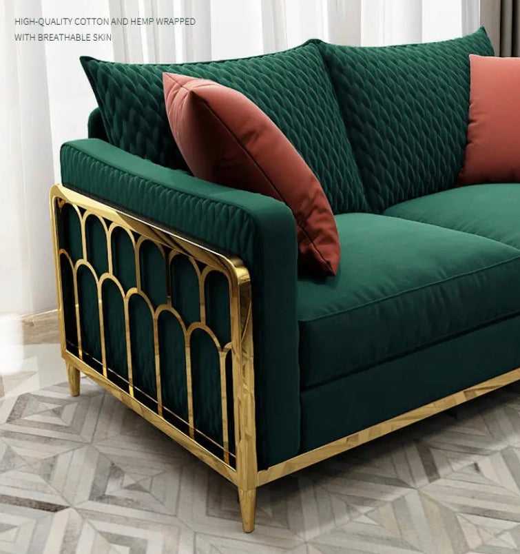 L-Shaped Alloy Sofa Living Room Green Modern Velvet Sectional Sofa Set