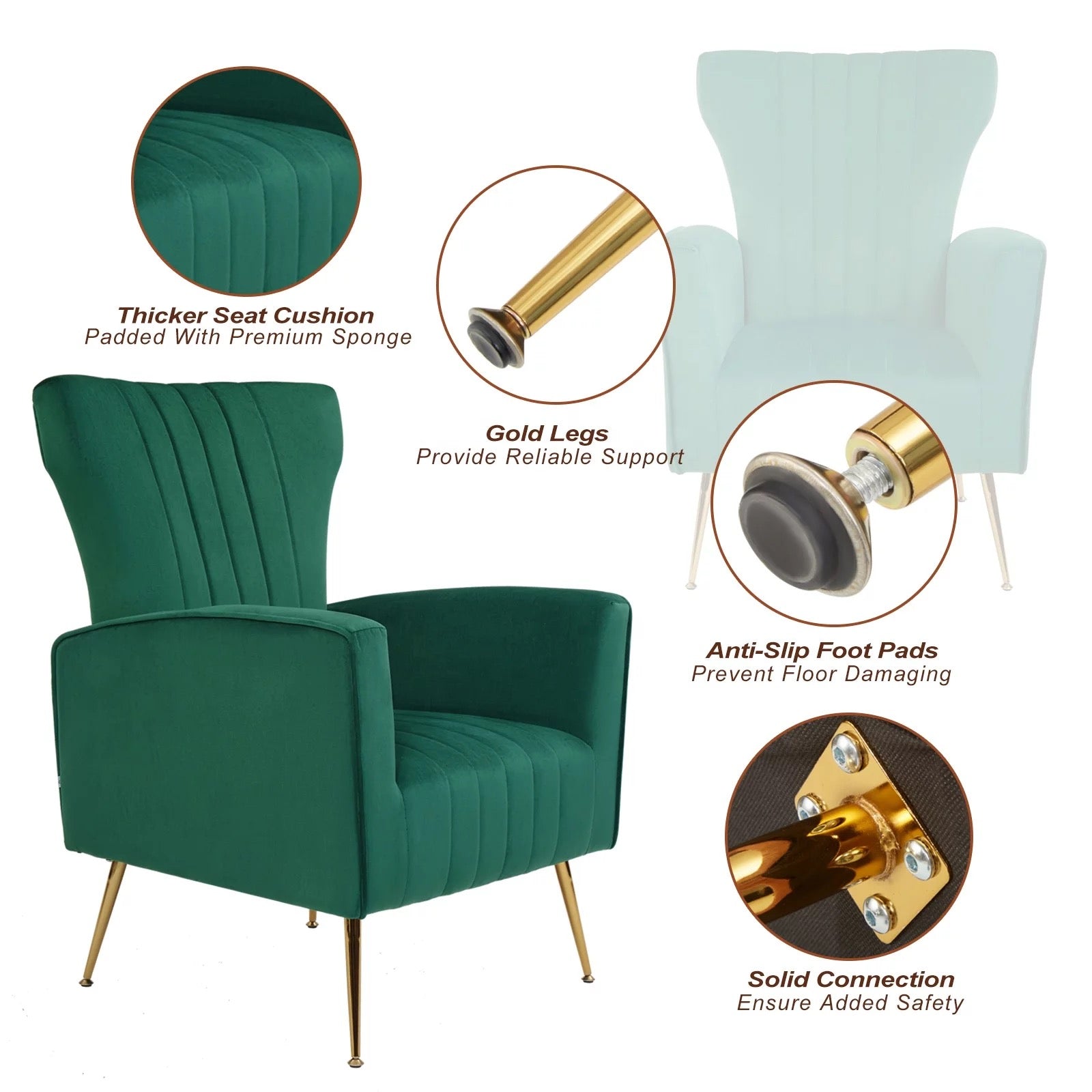 Armchair White Green Velvet Fabric Gold Metal Legs Accent Wing Chair