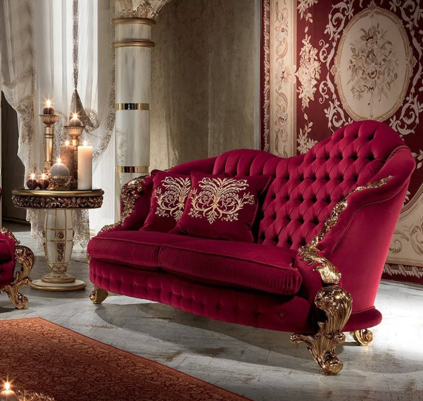 3 Seater Sofa Luxury Classic Baroque Red Velvet Salon Sofa