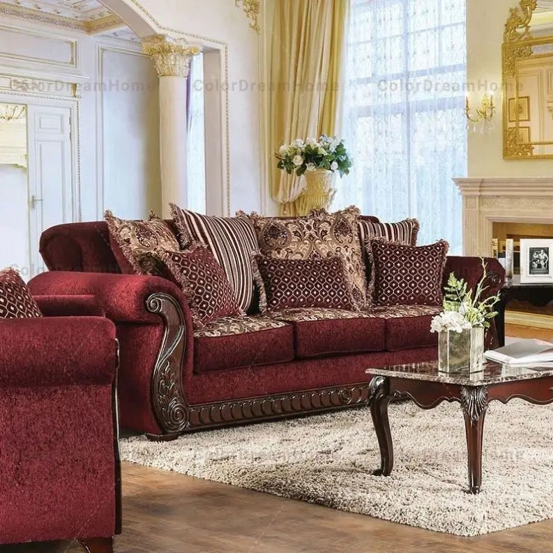 3+2+1 Sofa Set Antique Design Top Living Room Sofa European Red Fabric Sofa Set