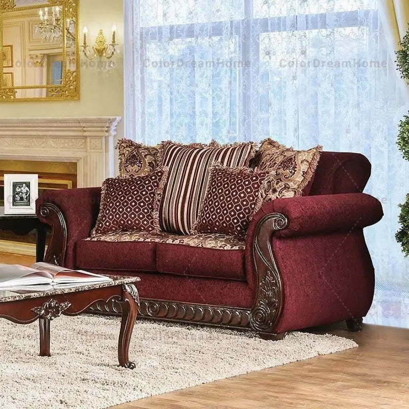 3+2+1 Sofa Set Antique Design Top Living Room Sofa European Red Fabric Sofa Set