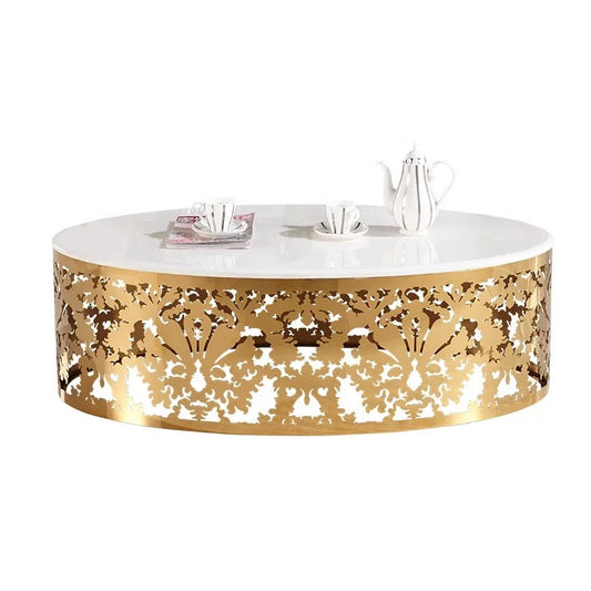 Coffee Table Marble Oval Hollow Carved Plated Gold Luxury Retro Tea Table