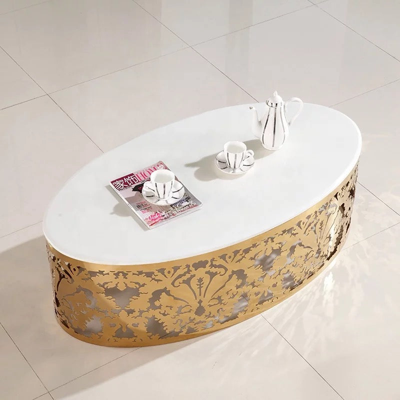 Coffee Table Marble Oval Hollow Carved Plated Gold Luxury Retro Tea Table