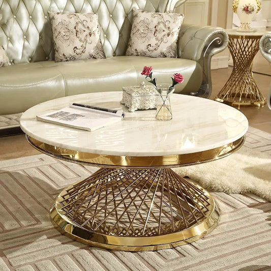 Coffee Table Luxury Round Center Marble Stainless Steel Living Room Table