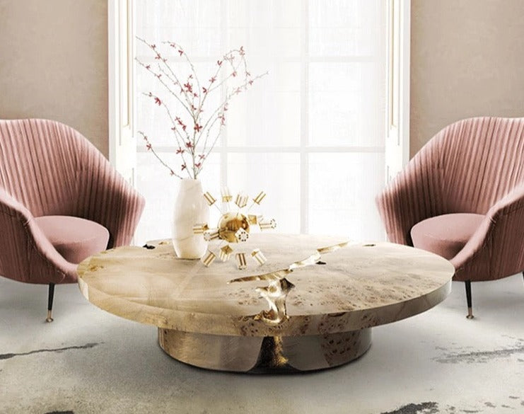  Coffee Table Large Round Luxury Natural Stone Copper Wood Designer Center Square Table