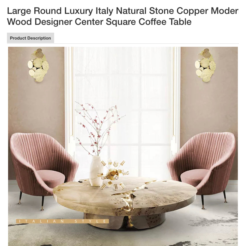  Coffee Table Large Round Luxury Natural Stone Copper Wood Designer Center Square Table