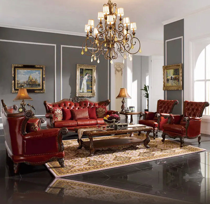 Living Room Set American Baroque Luxury Sectional Sofa Genuine Leather Solid Wood Carving Sofa