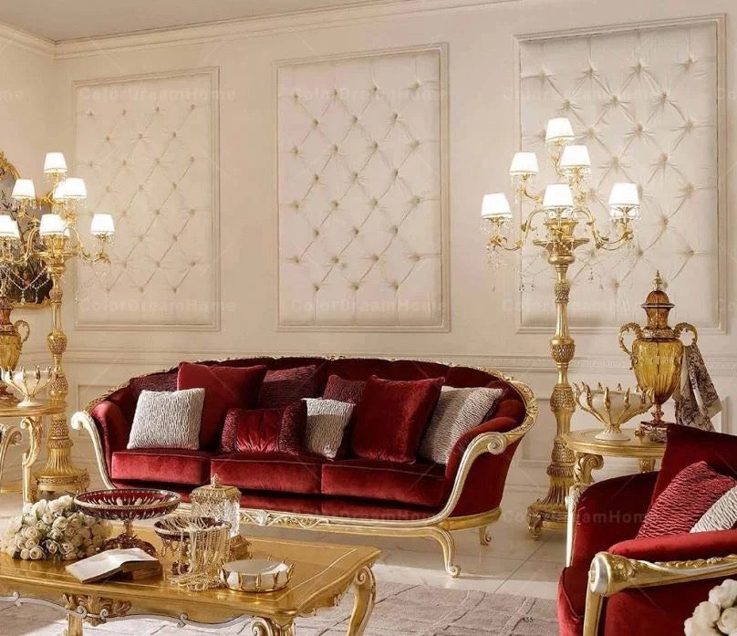 Baroque French Royal Red Velvet 3+2+1 Sofa Living Room Salon Luxury Furniture