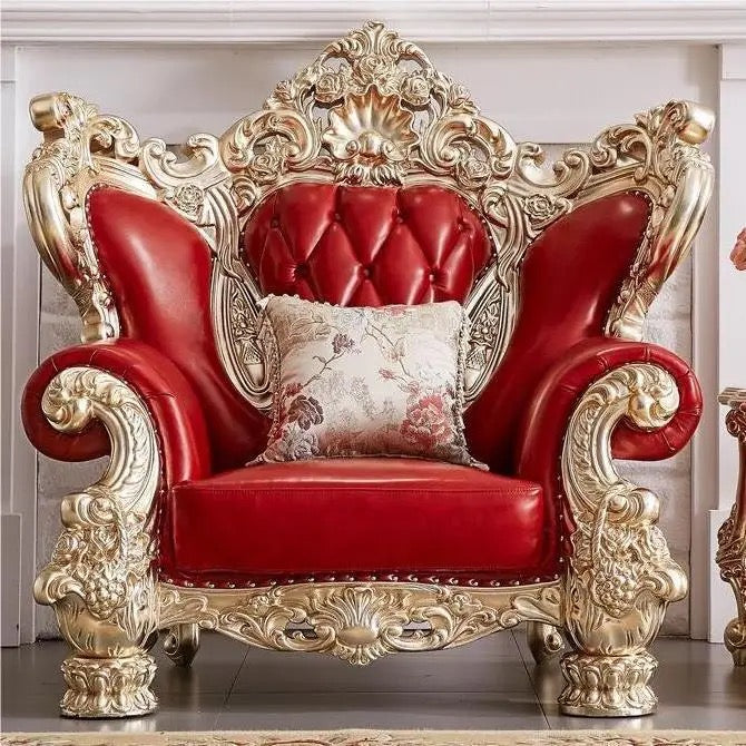 1 Seater Sofa Italian Luxury Red Genuine Leather Solid Wood Gold Foil Hand Carving Sofa