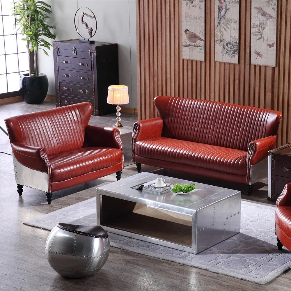 3+2+1 Sofa Set Aviator Aluminum Red Leather Chesterfield Sofa Classic Living Room Salon Furniture Set