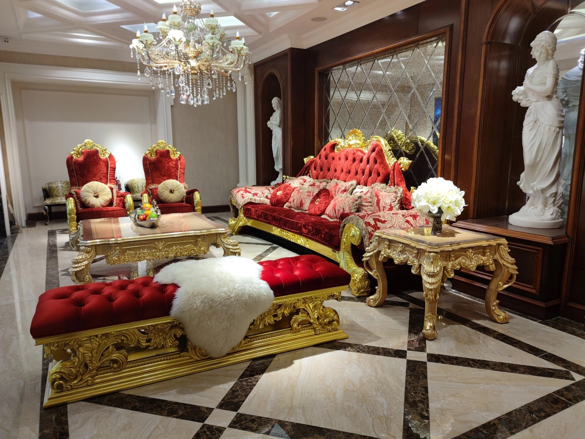 French Royal Chesterfield Luxury Couch Gold Red Living Room Wooden Baroque Sofa Set