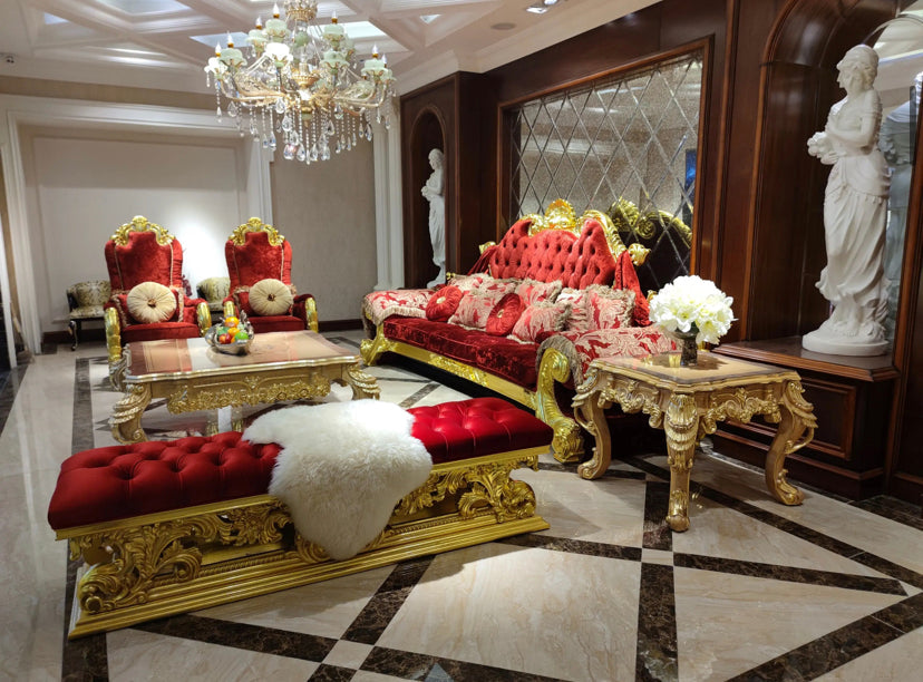 French Royal Chesterfield Luxury Couch Gold Red Living Room Wooden Baroque Sofa Set