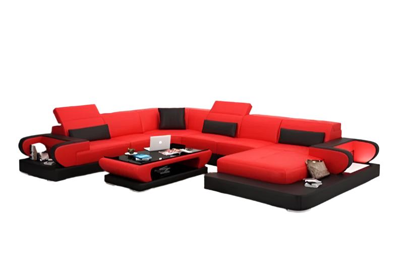 U Shaped Red and Black Genuine Leather Sofa Living Room Furniture Salon Sofa Set