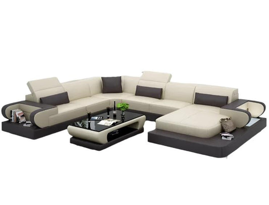 U Shaped Red and Black Genuine Leather Sofa Living Room Furniture Salon Sofa Set