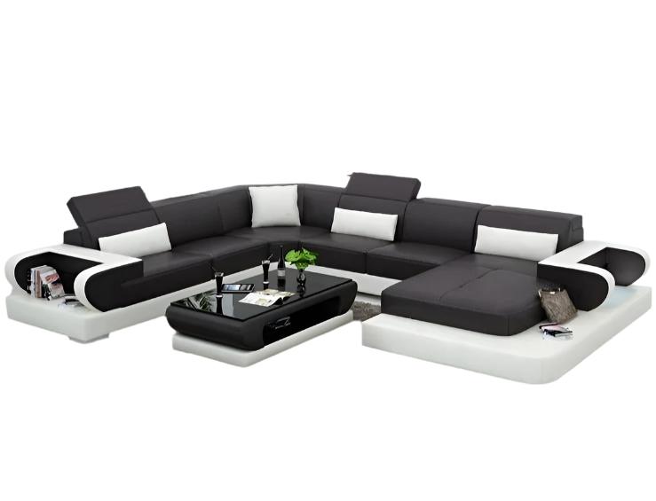 U Shaped Red and Black Genuine Leather Sofa Living Room Furniture Salon Sofa Set