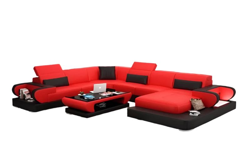 U Shaped Red and Black Genuine Leather Sofa Living Room Furniture Salon Sofa Set