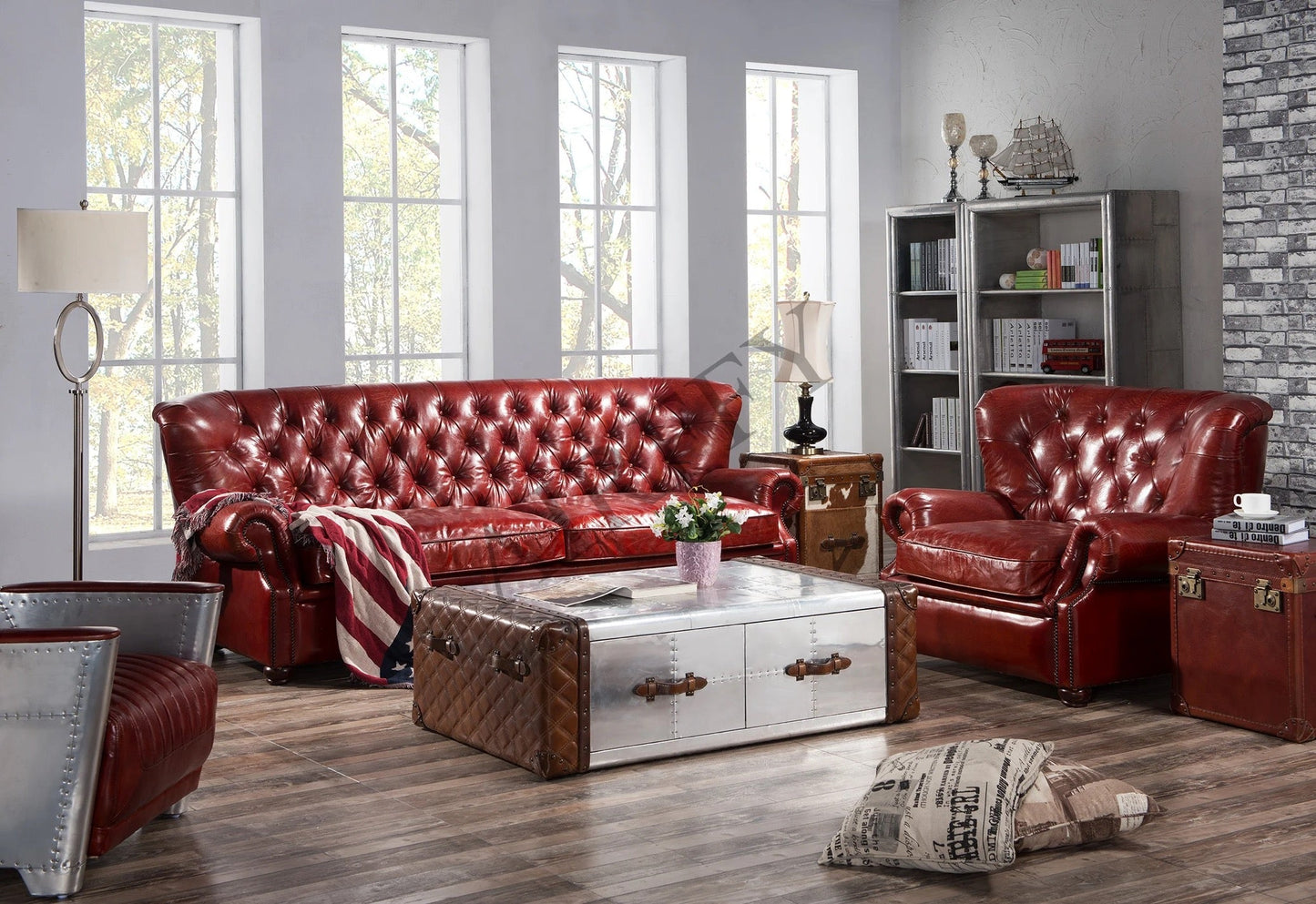 Salon High Back Sofa Vintage Design Red Leather Chesterfield Sofa Set Living Room Furniture