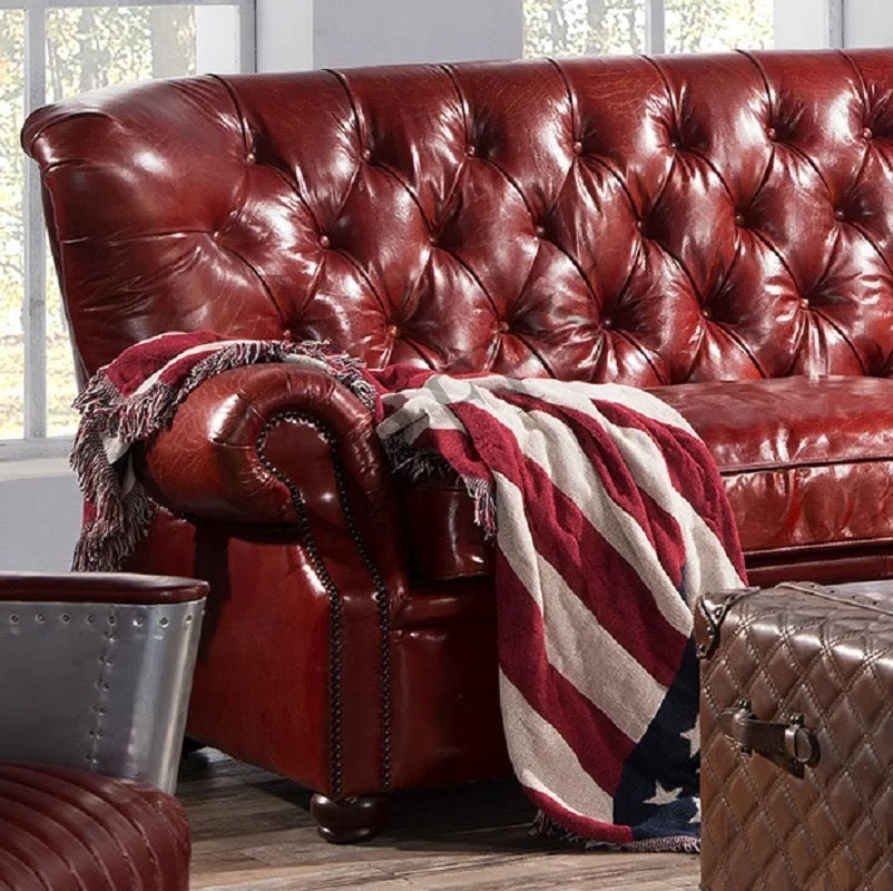 Salon High Back Sofa Vintage Design Red Leather Chesterfield Sofa Set Living Room Furniture