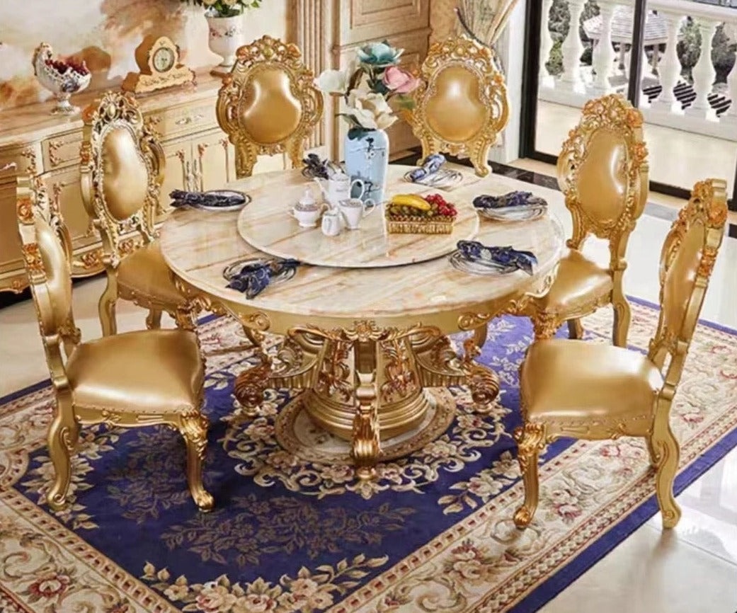 Dining Room Round Table French Style Golden Foil Hand Carved Dining Table