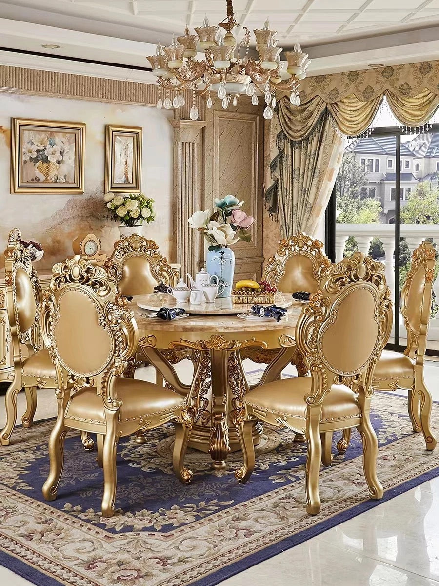 Dining Room Round Table French Style Golden Foil Hand Carved Dining Table