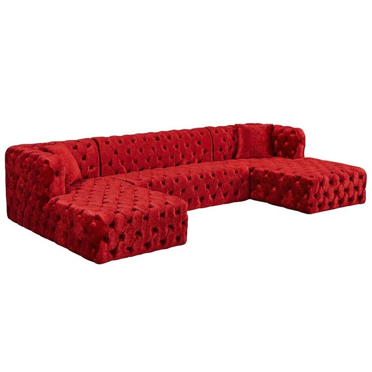 U Shaped Sofa Designer Button Red Velvet Tufted Two Chaise Salon Sofa Set