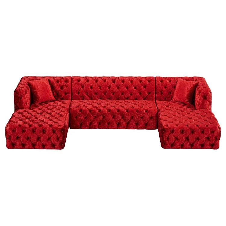 U Shaped Sofas Button Red Velvet Tufted Two Chaise Salon Sectional Sofa Set