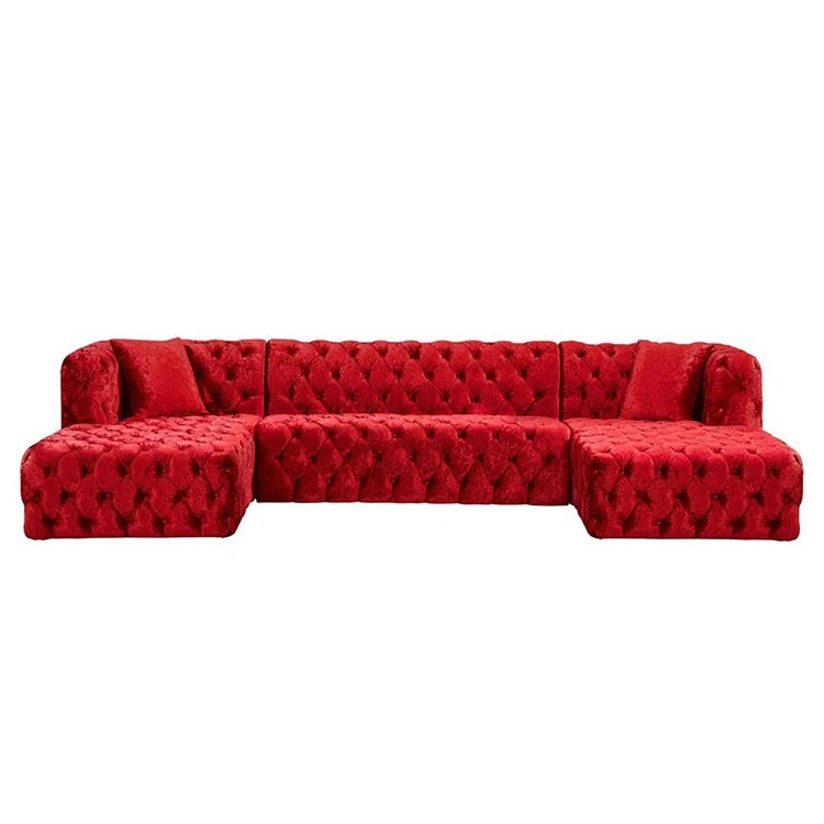 U Shaped Sofas Button Red Velvet Tufted Two Chaise Salon Sectional Sofa Set