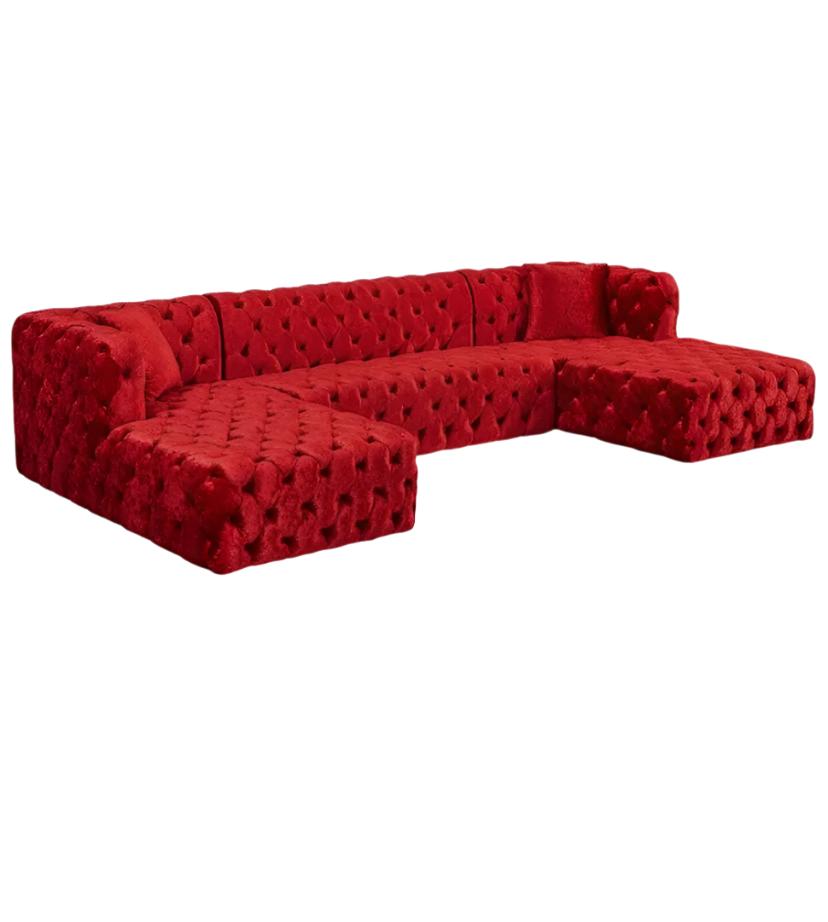 U Shaped Sofas Button Red Velvet Tufted Two Chaise Salon Sectional Sofa Set