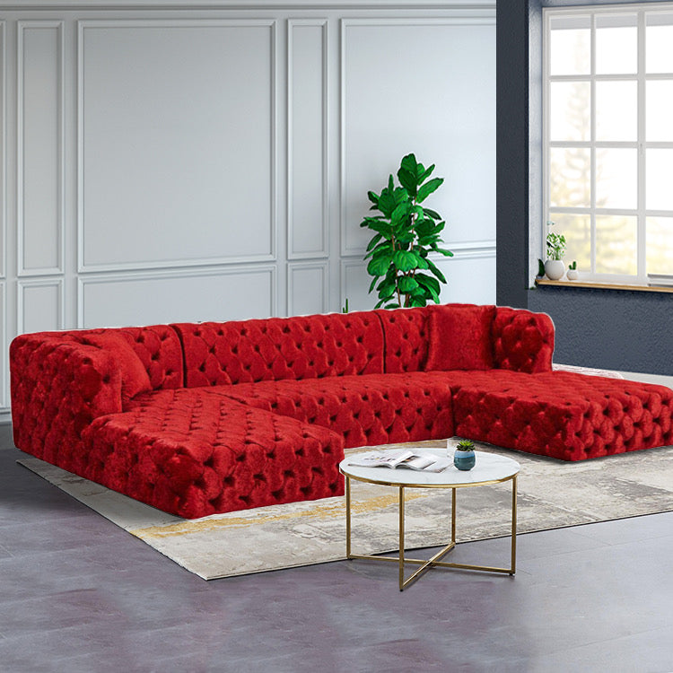 U Shaped Sofas Button Red Velvet Tufted Two Chaise Salon Sectional Sofa Set