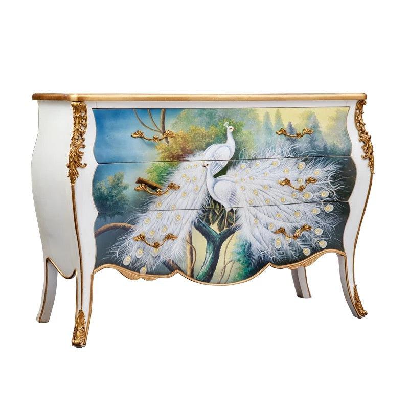 Cabinet Hand Painting French Countryside Style Peacock Pattern Furniture Cabinet