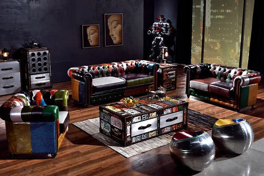 Office Luxury Design Sofas Retro Vintage Patchwork American Salon Sofa Set Multicolor Leather Sectional Sofas