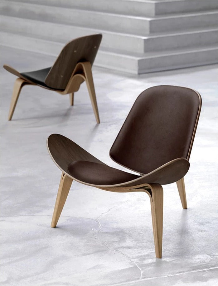 Panton Chair Three Legged Cafe Walnut Shell Leather Lounge Chair