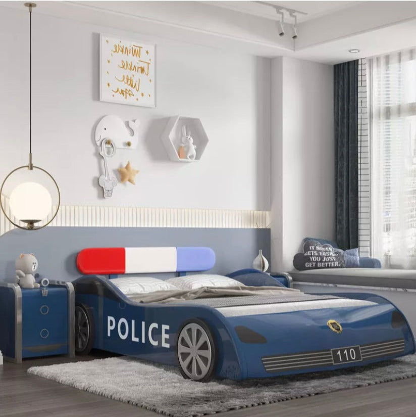 Kids Beds Set Blue Police Car Shape Children's Beds Twin Size Solid Wood Kinder Car Bett