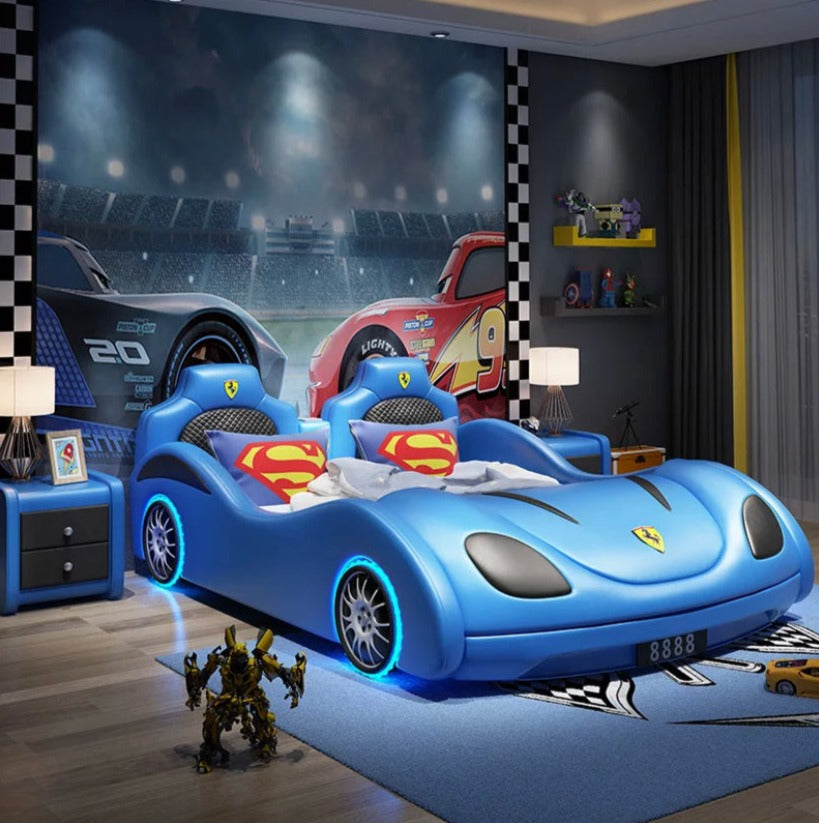 Kids Beds Set Modern Race Car Bed Children Luxury Kinder Bett Wooden Leather Kids Car Bed