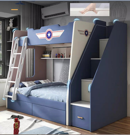 Kids Beds Captain America Style Solid Wood Blue Children's Bunk Bed With Ark Stairs Kinder Bett Furniture Bunk Betten