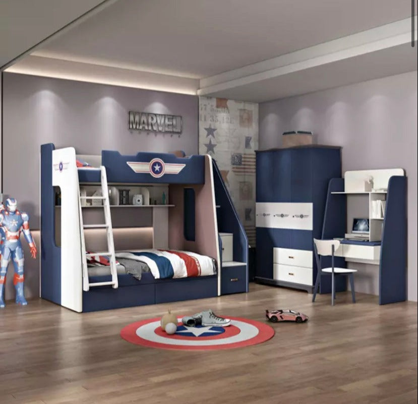 Kids Beds Captain America Style Solid Wood Blue Children's Bunk Bed With Ark Stairs Kinder Bett Furniture Bunk Betten