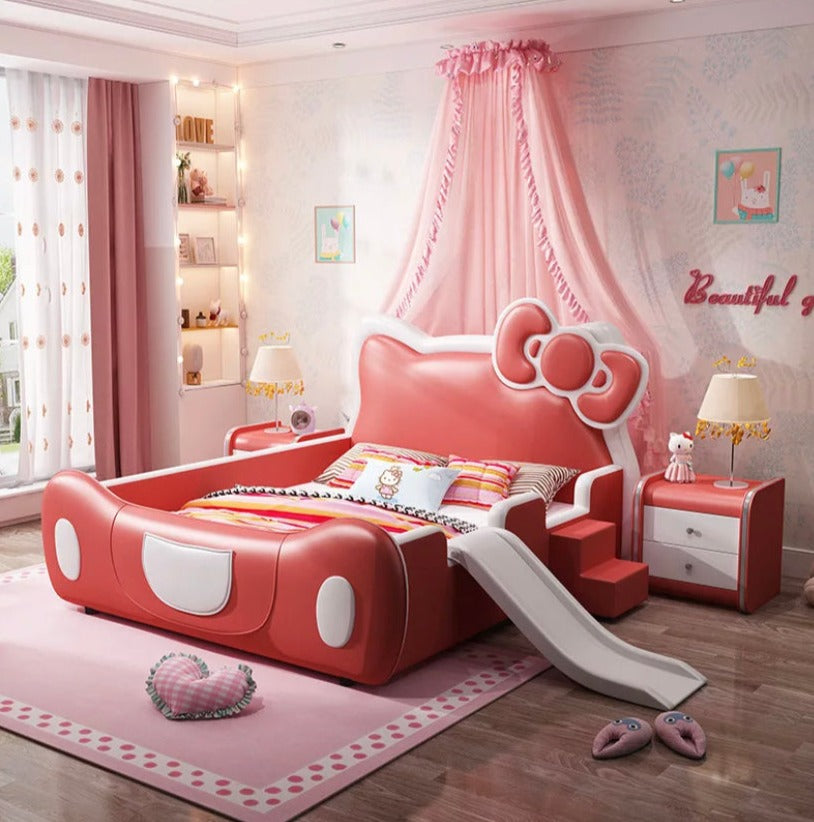 Kids Bed Leather Multifunction Bed Solid Wood Slide And Stairs Kinder Bett Safety Guardrail