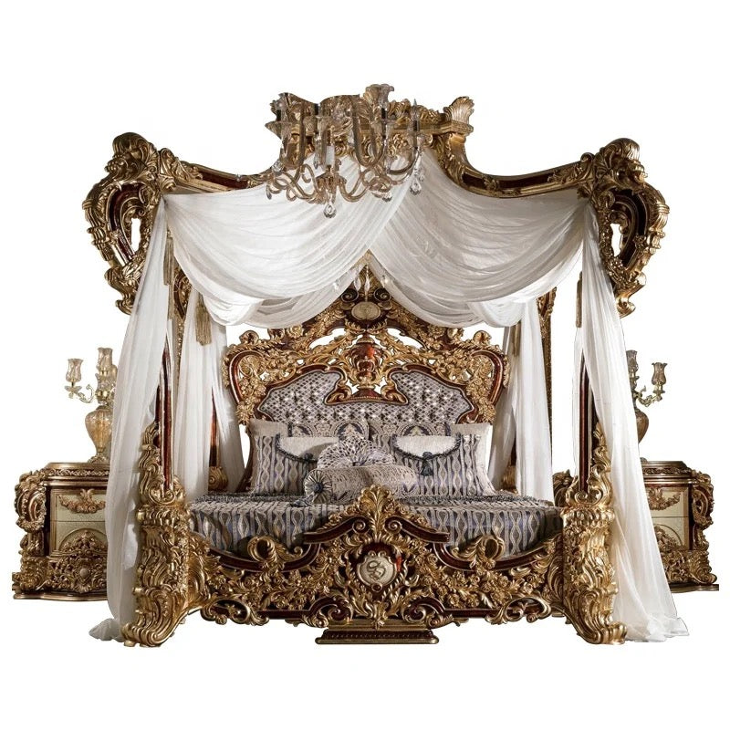 Bedroom Furniture Classic Antique Hand Made King Canopy Bed Set Luxury Design Wooden Furniture