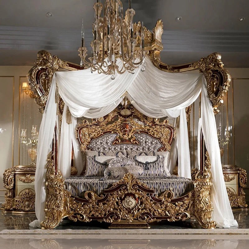 Bedroom Furniture Classic Antique Hand Made King Canopy Bed Set Luxury Design Wooden Furniture