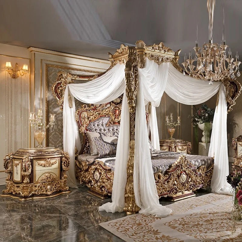 Bedroom Furniture Classic Antique Hand Made King Canopy Bed Set Luxury Design Wooden Furniture