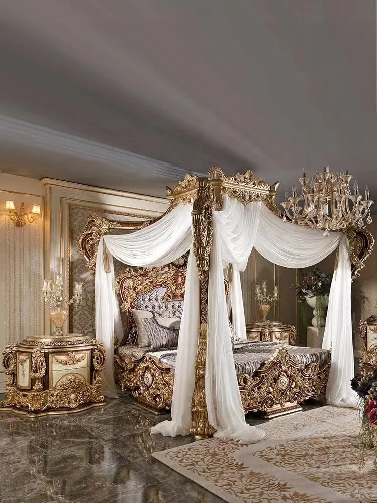 Bedroom Furniture Classic Antique Hand Made King Canopy Bed Set Luxury Design Wooden Furniture