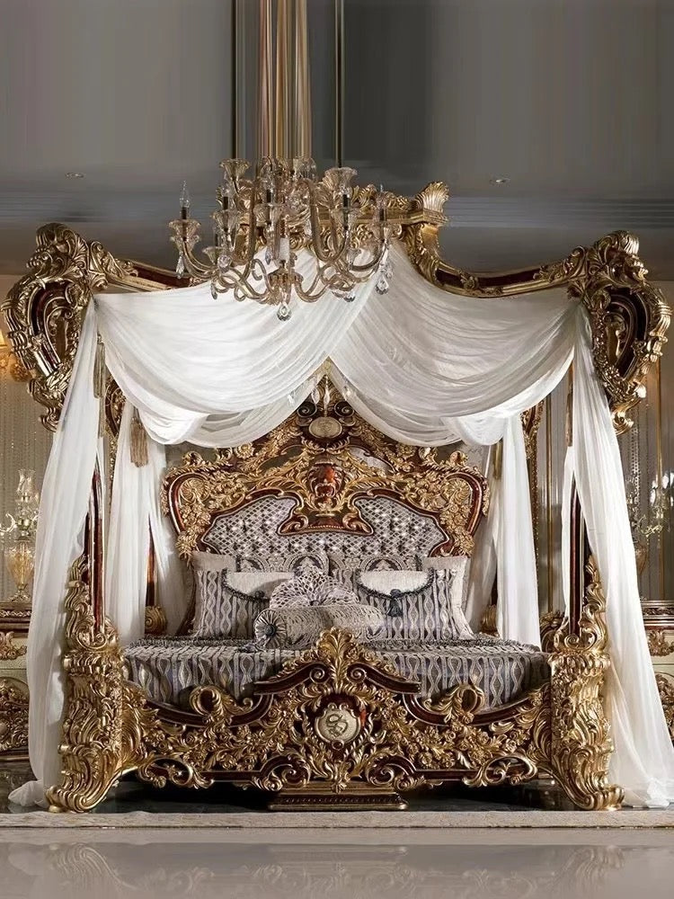 Bedroom Furniture Classic Antique Hand Made King Canopy Bed Set Luxury Design Wooden Furniture