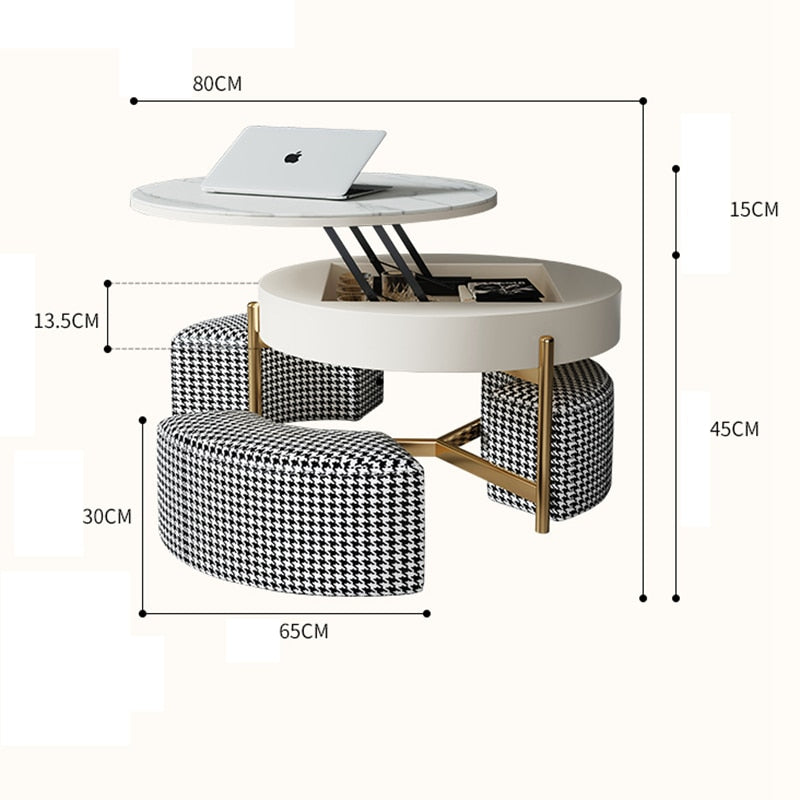 Coffee Table Set Lift Top 3 Stools Couchtisch Set Marble Stone Round Tables