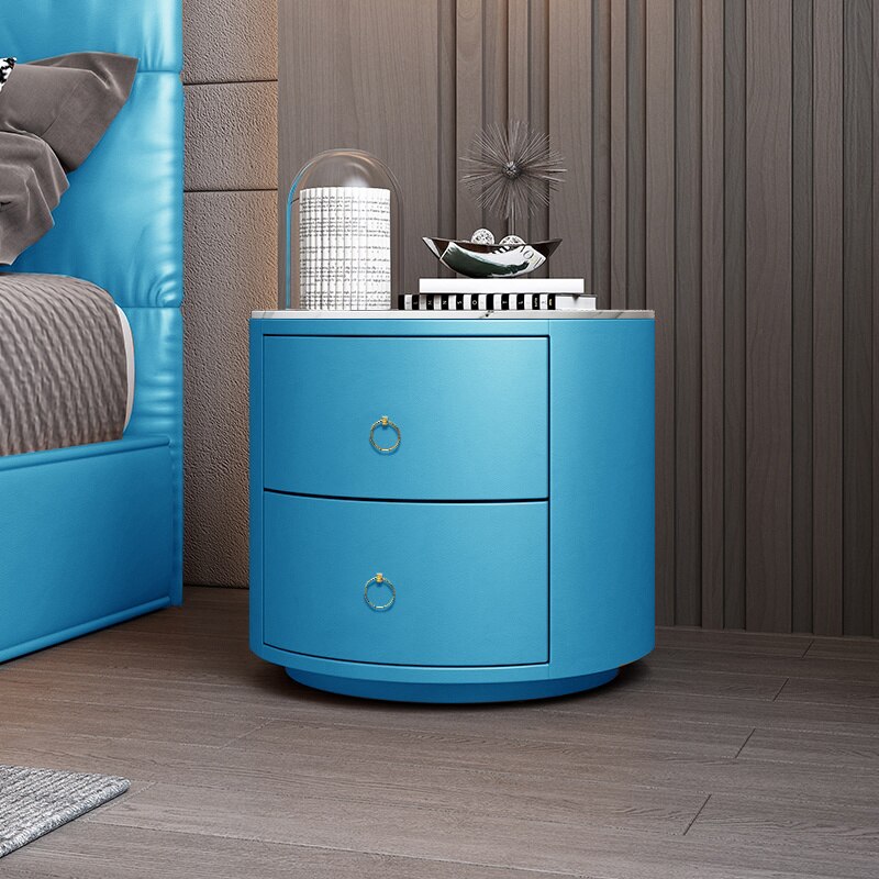 Bedside Cabinets Leather Italian Light Round Nightstand Rock Tempered Storage Bedroom Furniture