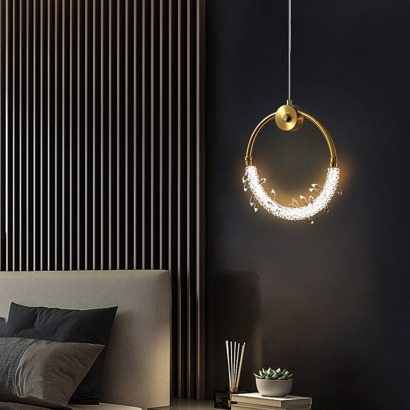 Pendant Light Gold Ring Led Crystal Modern Bedside Pendant Lights