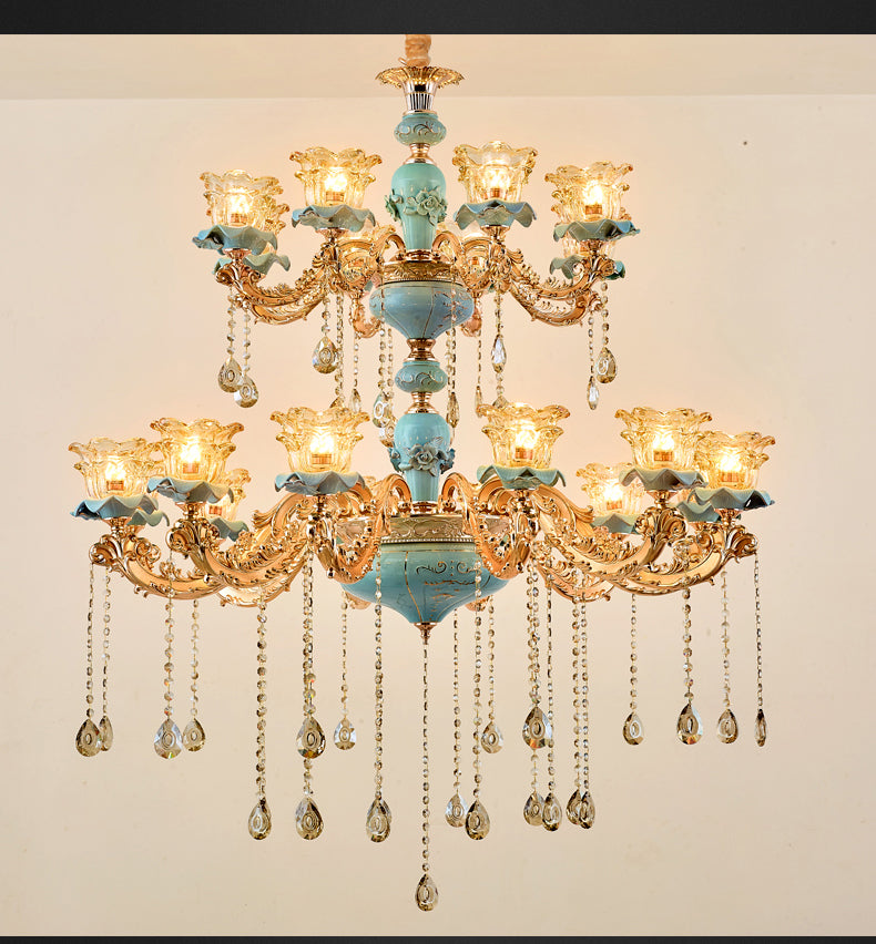 Chandelier European Style Duplex Building Crystal Lamp Ceramic Three-Story Staircase Villa Chandeliers