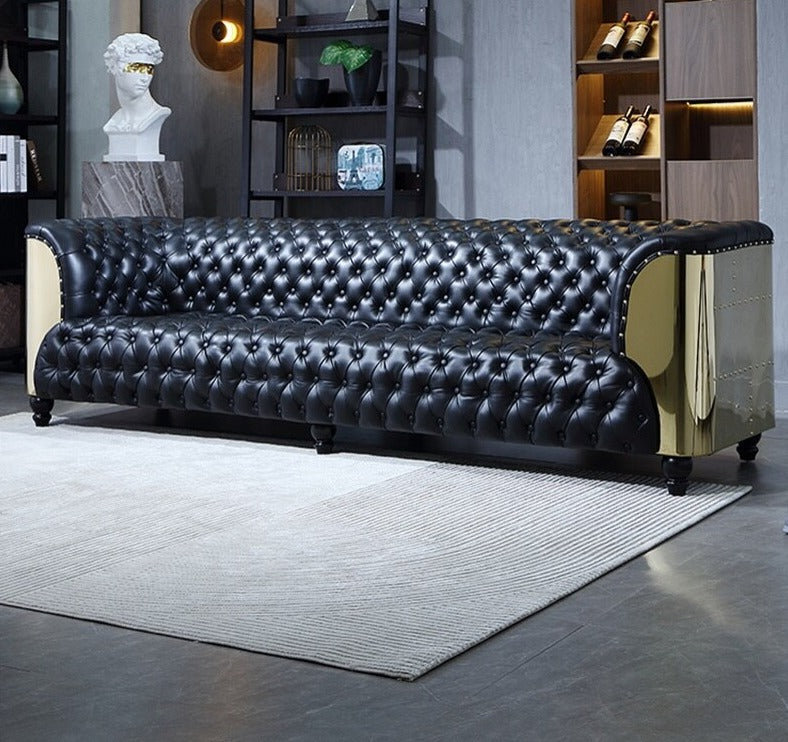 Chesterfield Sofa Set Genuine Buff Leather Living Room Aluminum Aviator Luxury Sofagarnituren 