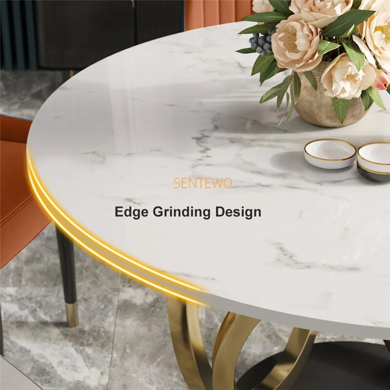 Dining Tables Sets Italian Luxury Round Marble Stainless Steel Gold Plating Base Esstisch-Set