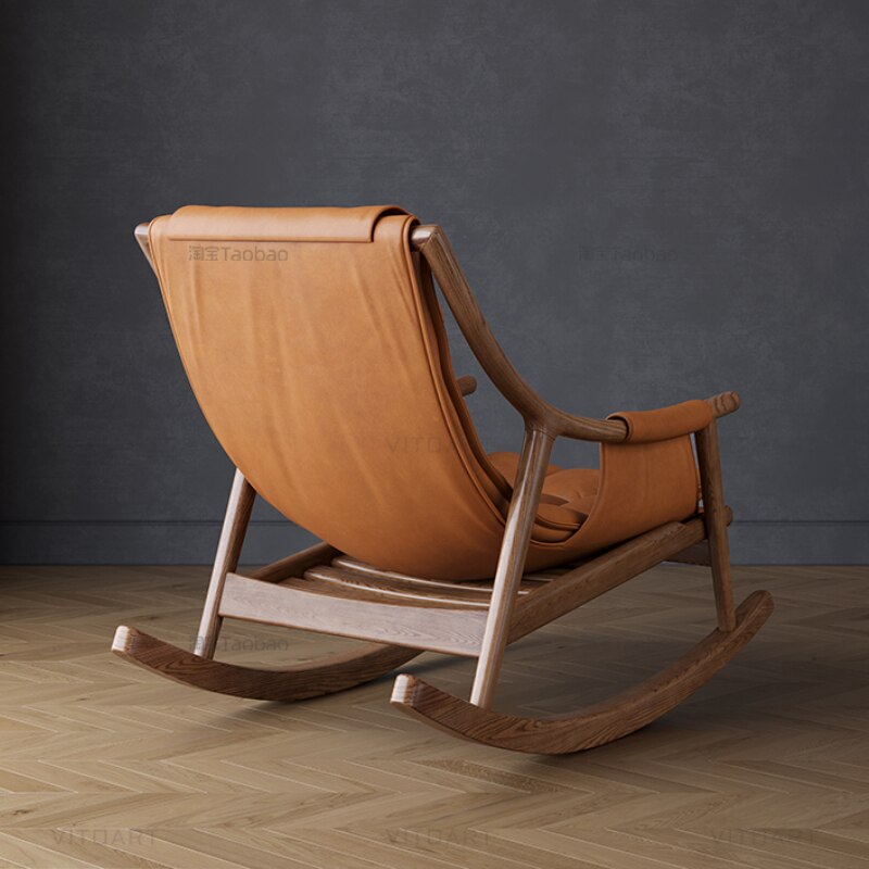 Rocking Chair Nordic Solid Wood Leather Schaukelstühle Single Designer Lounge Chair 